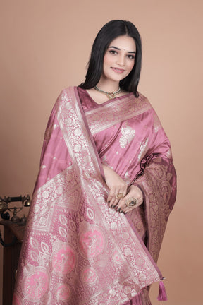 Regal Pink Banarasi Silk Saree with Detailed Zari Work and Peacock Design