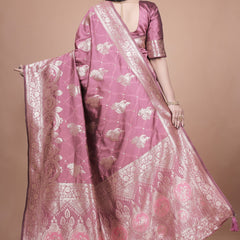 Regal Pink Banarasi Silk Saree with Detailed Zari Work and Peacock Design