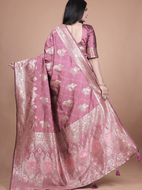 Regal Pink Banarasi Silk Saree with Detailed Zari Work and Peacock Design