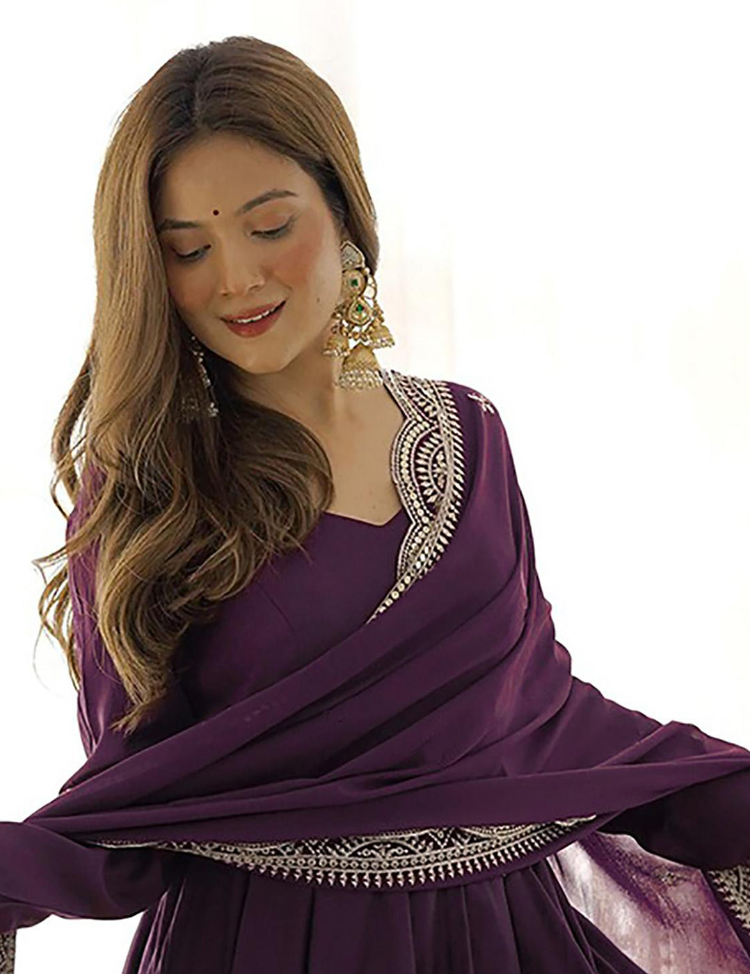 Wine Purple Anarkali Gown with Embroidered Dupatta for Women