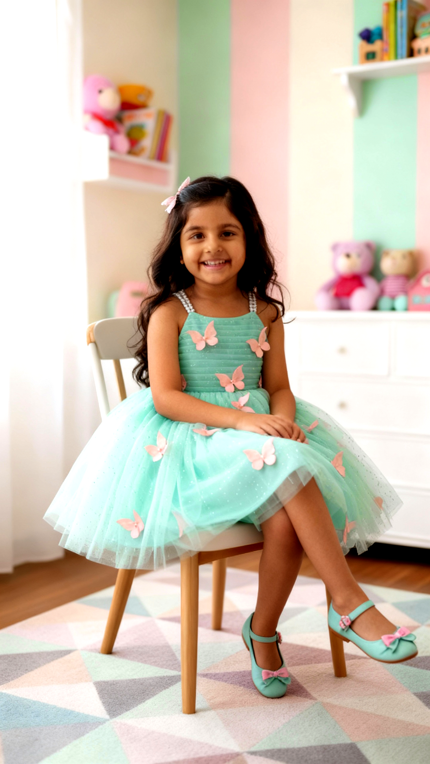 Aqua Green Butterfly Applique Party Dress for Girls with Pearl Straps & Glitter Tulle