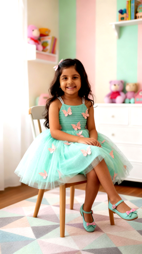Aqua Green Butterfly Applique Party Dress for Girls with Pearl Straps & Glitter Tulle