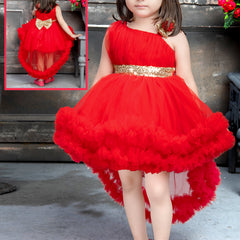 Girls Red High-Low Party Dress with Golden Bow & Sequin Belt
