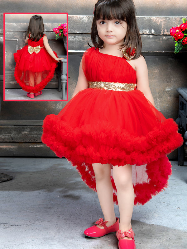 Girls Red High-Low Party Dress with Golden Bow & Sequin Belt