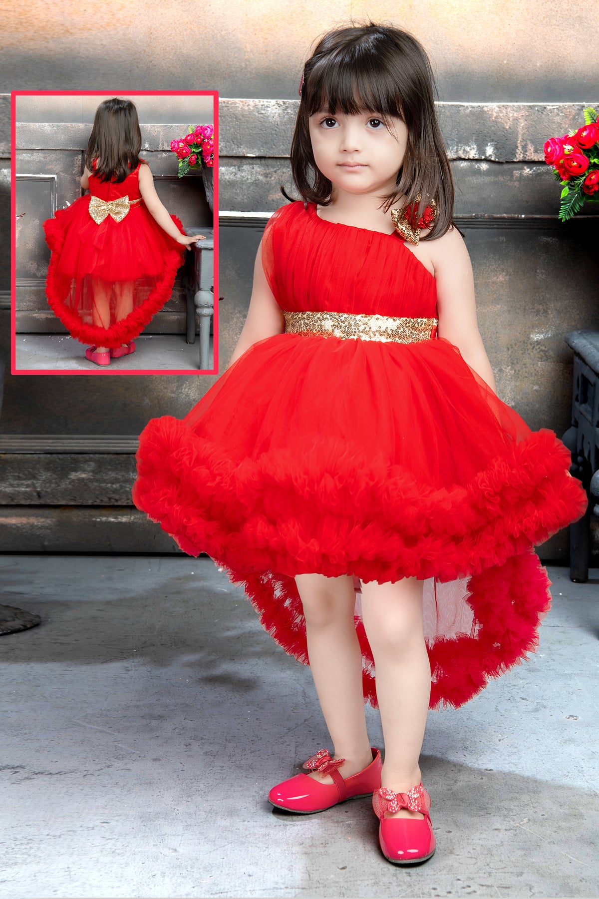 Girls Red High-Low Party Dress with Golden Bow & Sequin Belt