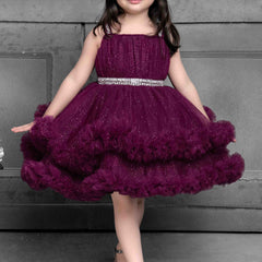 Girls Partywear Layered Burgundy Tulle Dress with Sparkle