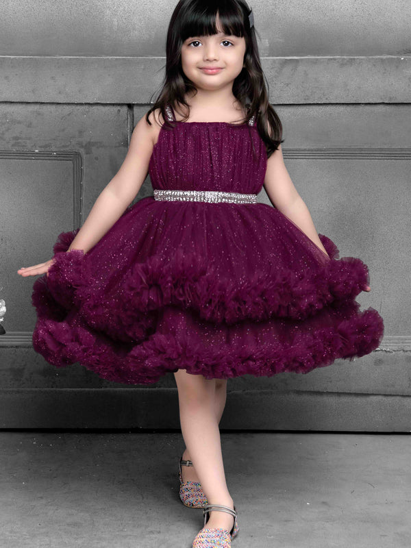 Girls Partywear Layered Burgundy Tulle Dress with Sparkle