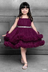 Girls Partywear Layered Burgundy Tulle Dress with Sparkle
