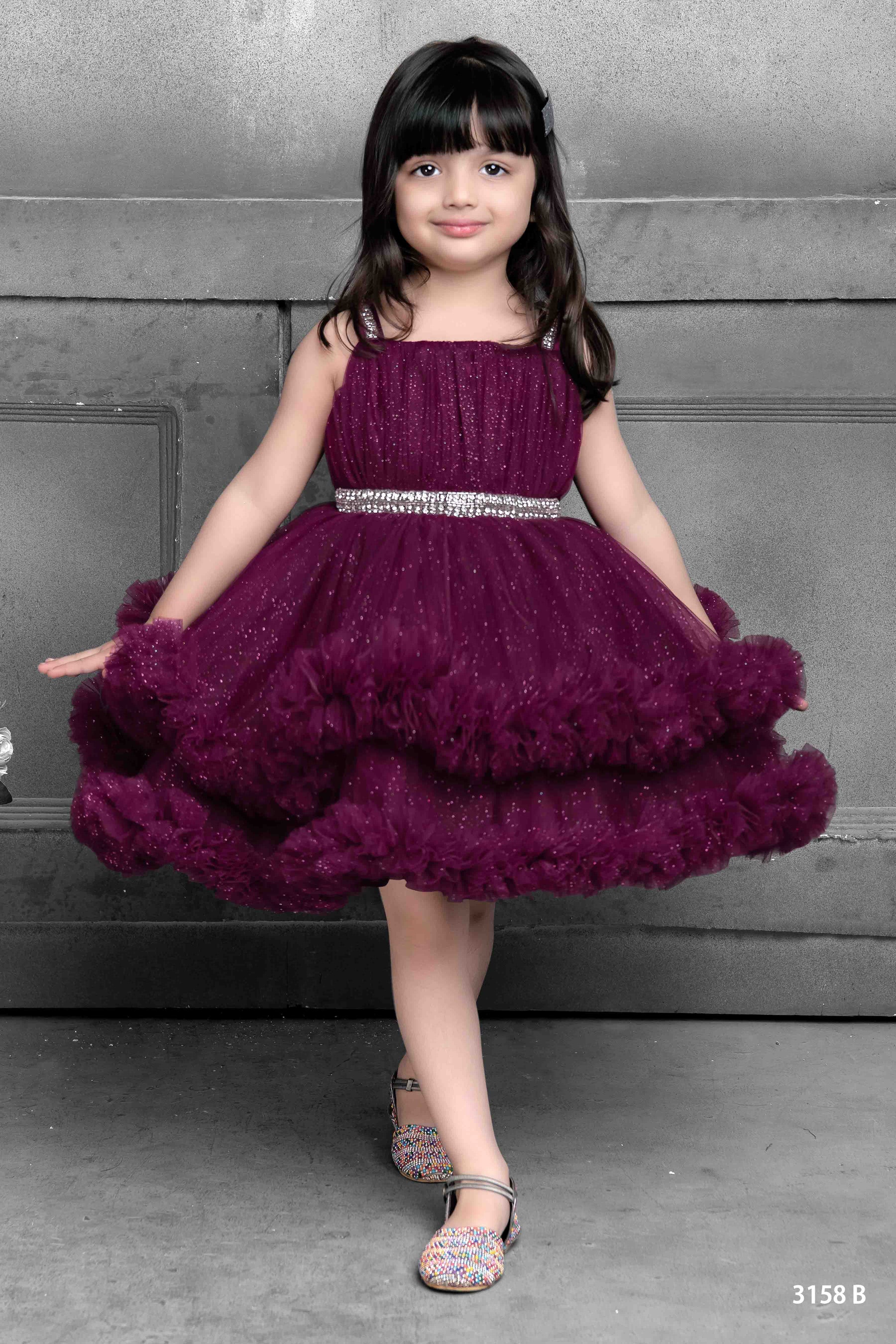 Girls Partywear Layered Burgundy Tulle Dress with Sparkle