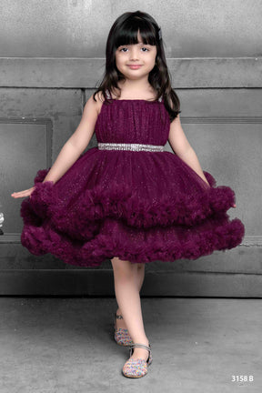 Girls Partywear Layered Burgundy Tulle Dress with Sparkle
