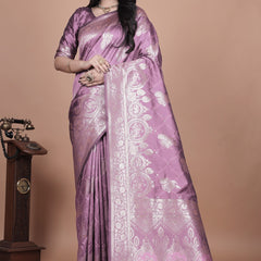 Traditional Purple Banarasi Silk Saree with Zari Work & Tassel Border
