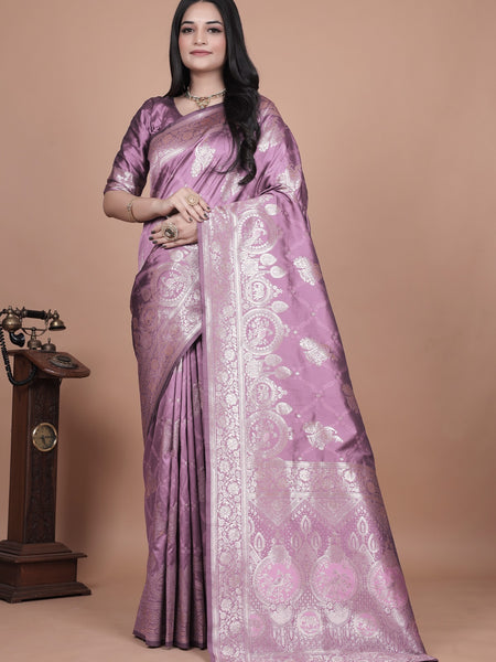 Traditional Purple Banarasi Silk Saree with Zari Work & Tassel Border