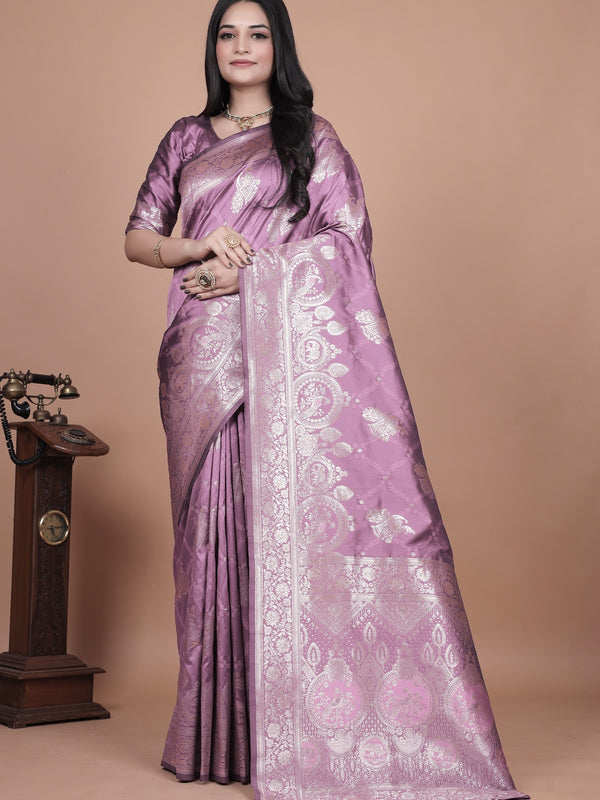 Traditional Purple Banarasi Silk Saree with Zari Work & Tassel Border