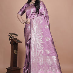 Traditional Purple Banarasi Silk Saree with Zari Work & Tassel Border