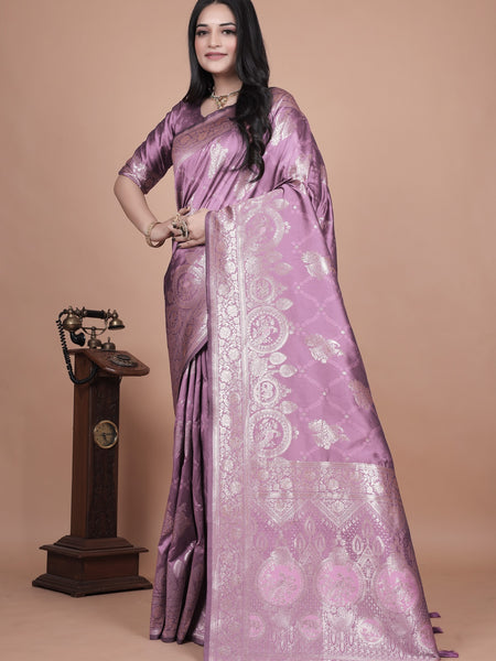 Traditional Purple Banarasi Silk Saree with Zari Work & Tassel Border