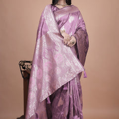 Traditional Purple Banarasi Silk Saree with Zari Work & Tassel Border