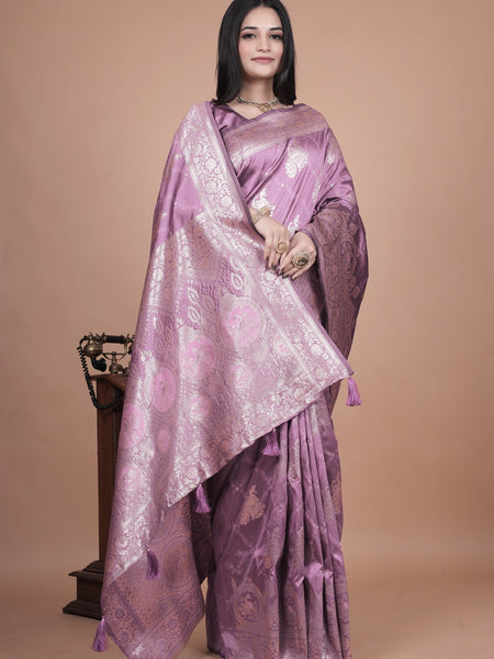 Traditional Purple Banarasi Silk Saree with Zari Work & Tassel Border