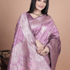 Traditional Purple Banarasi Silk Saree with Zari Work & Tassel Border