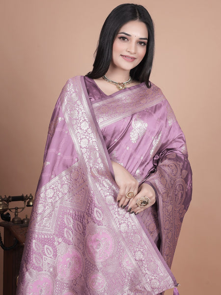 Traditional Purple Banarasi Silk Saree with Zari Work & Tassel Border