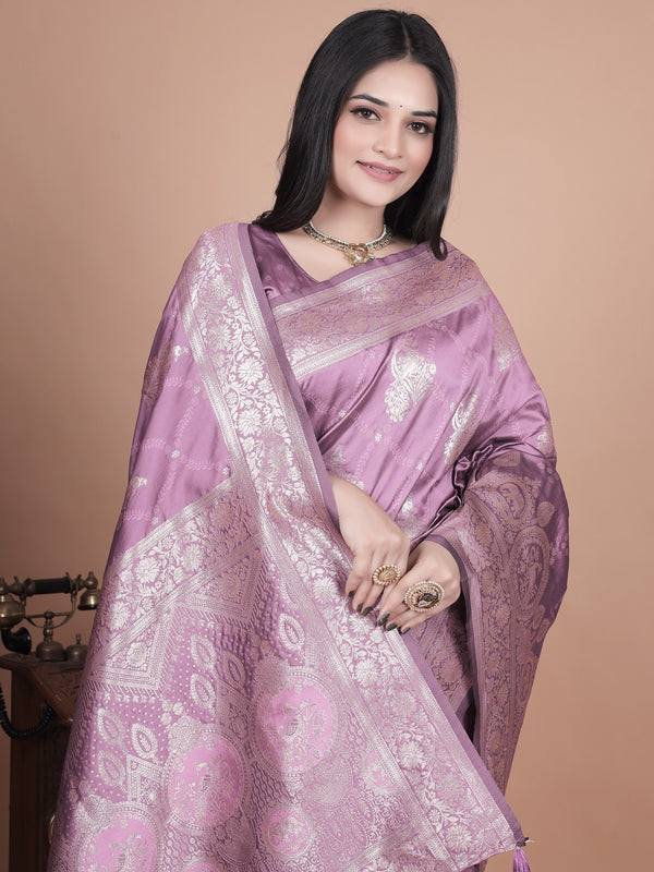 Traditional Purple Banarasi Silk Saree with Zari Work & Tassel Border