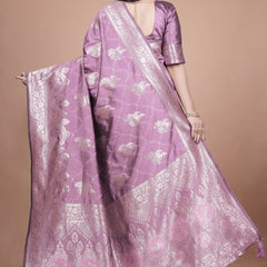 Traditional Purple Banarasi Silk Saree with Zari Work & Tassel Border
