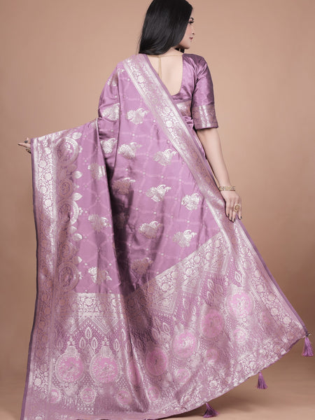 Traditional Purple Banarasi Silk Saree with Zari Work & Tassel Border