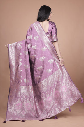 Traditional Purple Banarasi Silk Saree with Zari Work & Tassel Border
