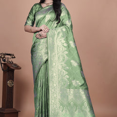 Classic Green Banarasi Silk Saree with Detailed Golden Zari Work for Festive Occasions