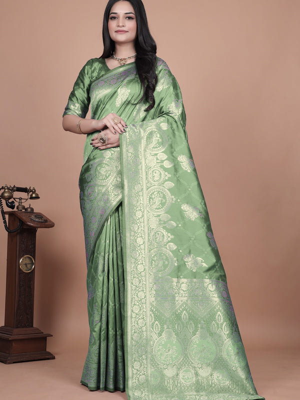 Classic Green Banarasi Silk Saree with Detailed Golden Zari Work for Festive Occasions