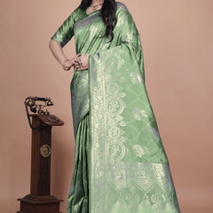 Classic Green Banarasi Silk Saree with Detailed Golden Zari Work for Festive Occasions