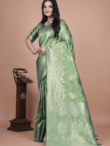 Classic Green Banarasi Silk Saree with Detailed Golden Zari Work for Festive Occasions