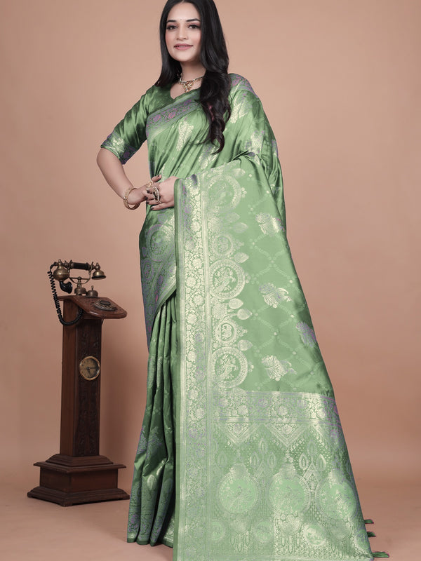 Classic Green Banarasi Silk Saree with Detailed Golden Zari Work for Festive Occasions