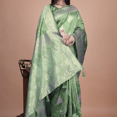 Classic Green Banarasi Silk Saree with Detailed Golden Zari Work for Festive Occasions
