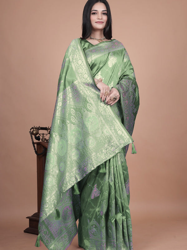 Classic Green Banarasi Silk Saree with Detailed Golden Zari Work for Festive Occasions