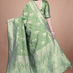 Classic Green Banarasi Silk Saree with Detailed Golden Zari Work for Festive Occasions