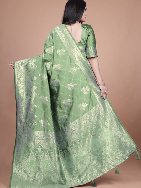 Classic Green Banarasi Silk Saree with Detailed Golden Zari Work for Festive Occasions