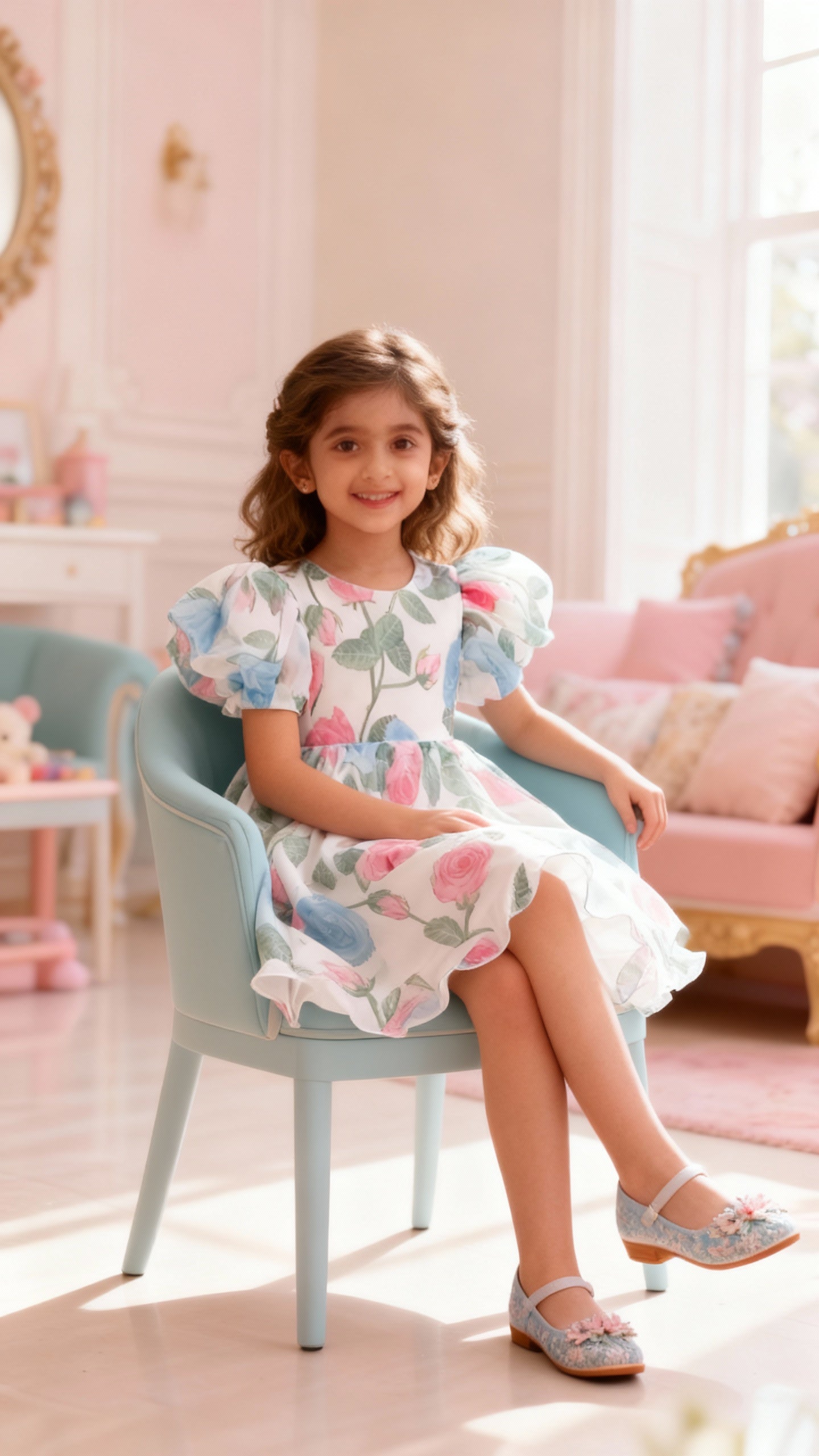 Blue And White Floral Print Puff Sleeve Baby Frock