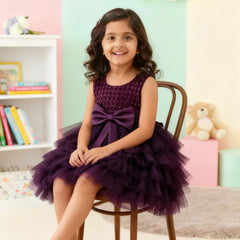 Girls Premium Purple Layered Party Dress with Big Bow & Embellished Bodice