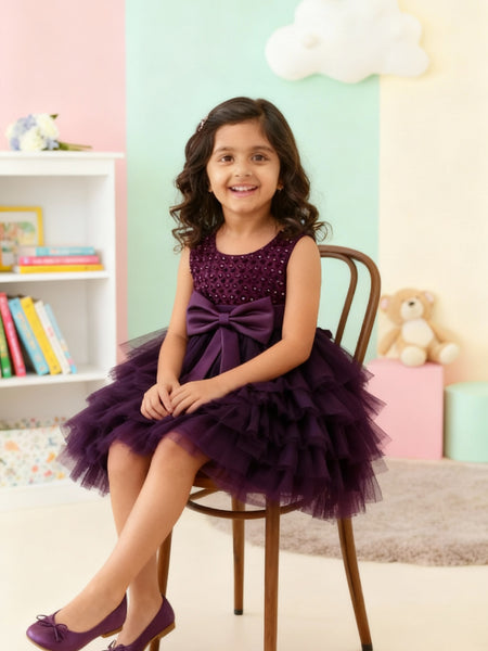Girls Premium Purple Layered Party Dress with Big Bow & Embellished Bodice