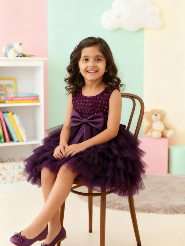 Girls Premium Purple Layered Party Dress with Big Bow & Embellished Bodice