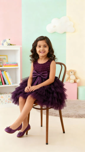 Girls Premium Purple Layered Party Dress with Big Bow & Embellished Bodice