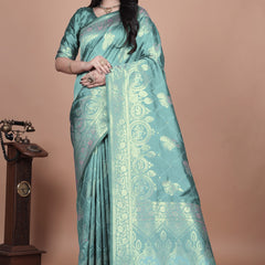 Teal Green Banarasi Silk Saree with Intricate Zari Motifs & Peacock Design