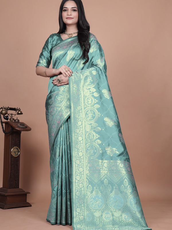 Teal Green Banarasi Silk Saree with Intricate Zari Motifs & Peacock Design