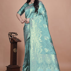 Teal Green Banarasi Silk Saree with Intricate Zari Motifs & Peacock Design