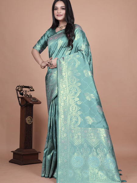 Teal Green Banarasi Silk Saree with Intricate Zari Motifs & Peacock Design
