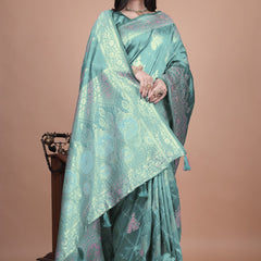Teal Green Banarasi Silk Saree with Intricate Zari Motifs & Peacock Design