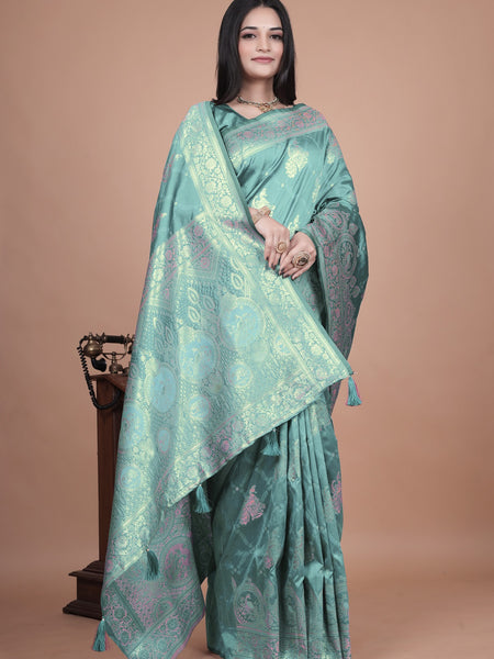 Teal Green Banarasi Silk Saree with Intricate Zari Motifs & Peacock Design