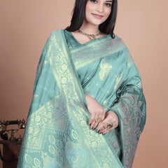 Teal Green Banarasi Silk Saree with Intricate Zari Motifs & Peacock Design