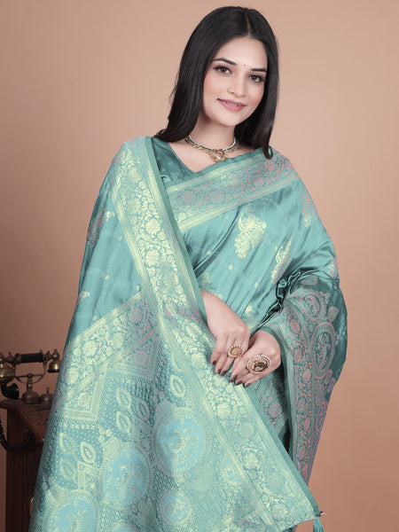 Teal Green Banarasi Silk Saree with Intricate Zari Motifs & Peacock Design