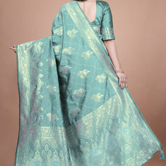 Teal Green Banarasi Silk Saree with Intricate Zari Motifs & Peacock Design